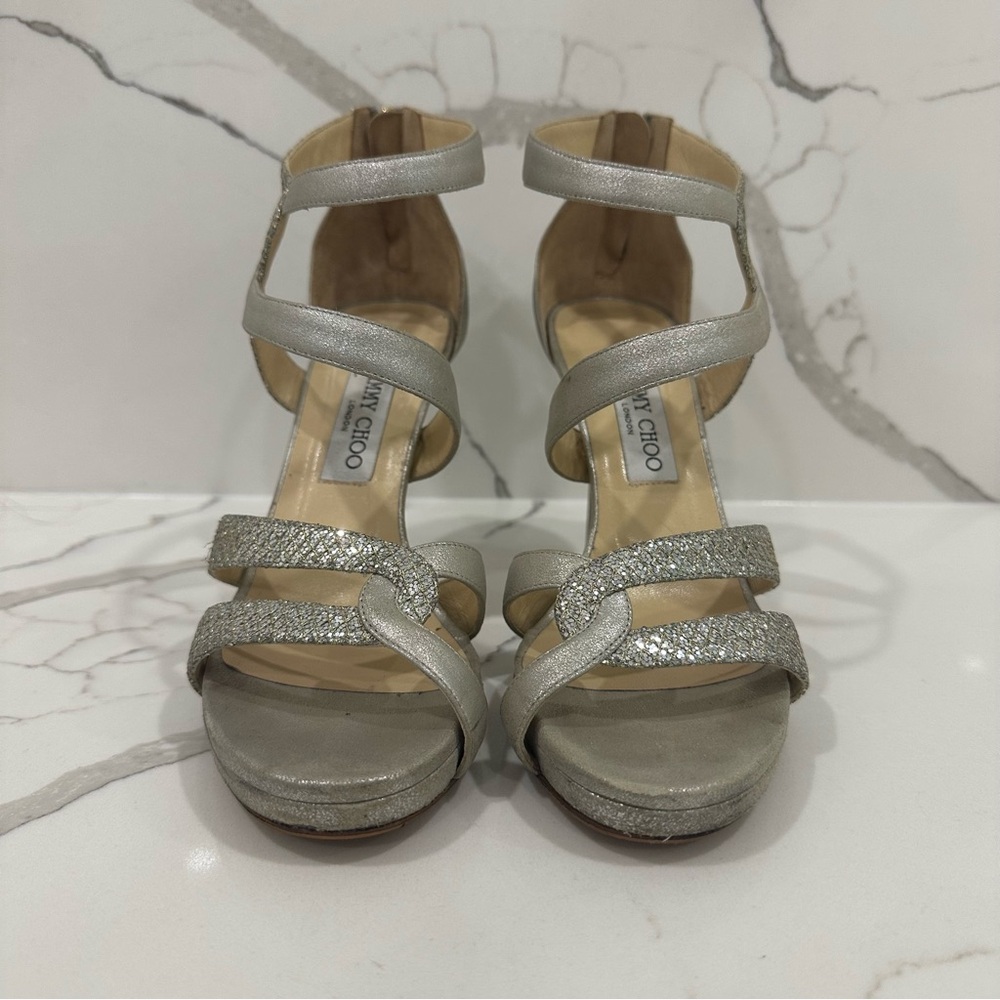 Jimmy Choo Authentic Designer Glittering Silver High Heels - Picture 4 of 16